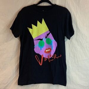 Sasha Velour Black Graphic Tee with Colorful Face Print.